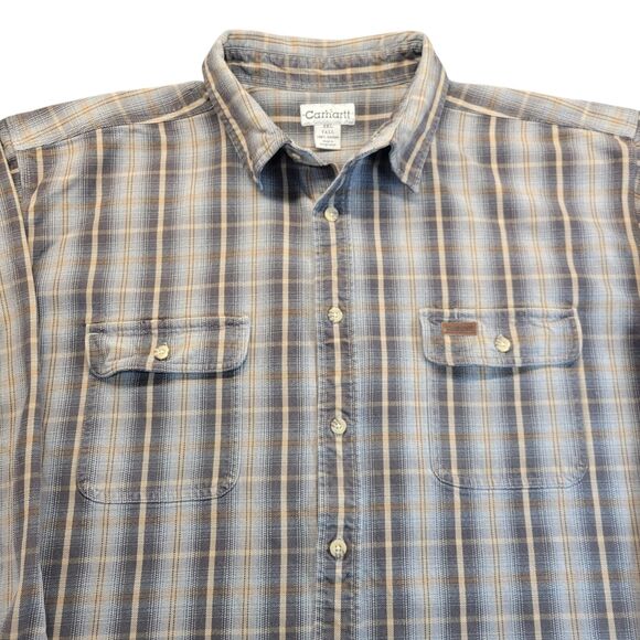 Carhartt Mens 3XLT Heavy-duty Gray Tan Plaid Flannel Work Shirt Big And Tall - Picture 2 of 10